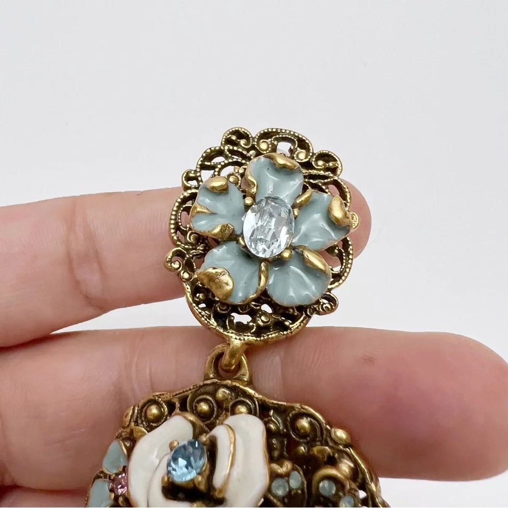 Oscar de la Renta Baroque Goldtone Enamel Floral Crystal Drop Clip On Earrings